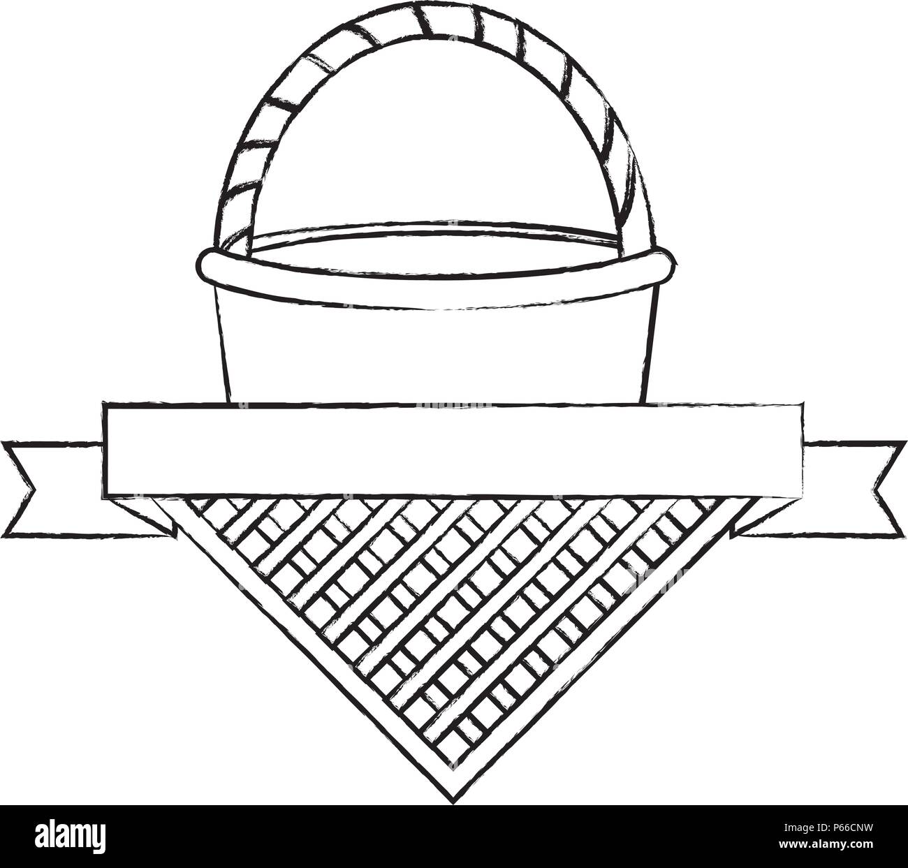 picnic emblem with picnic basket and decorative ribbon over white