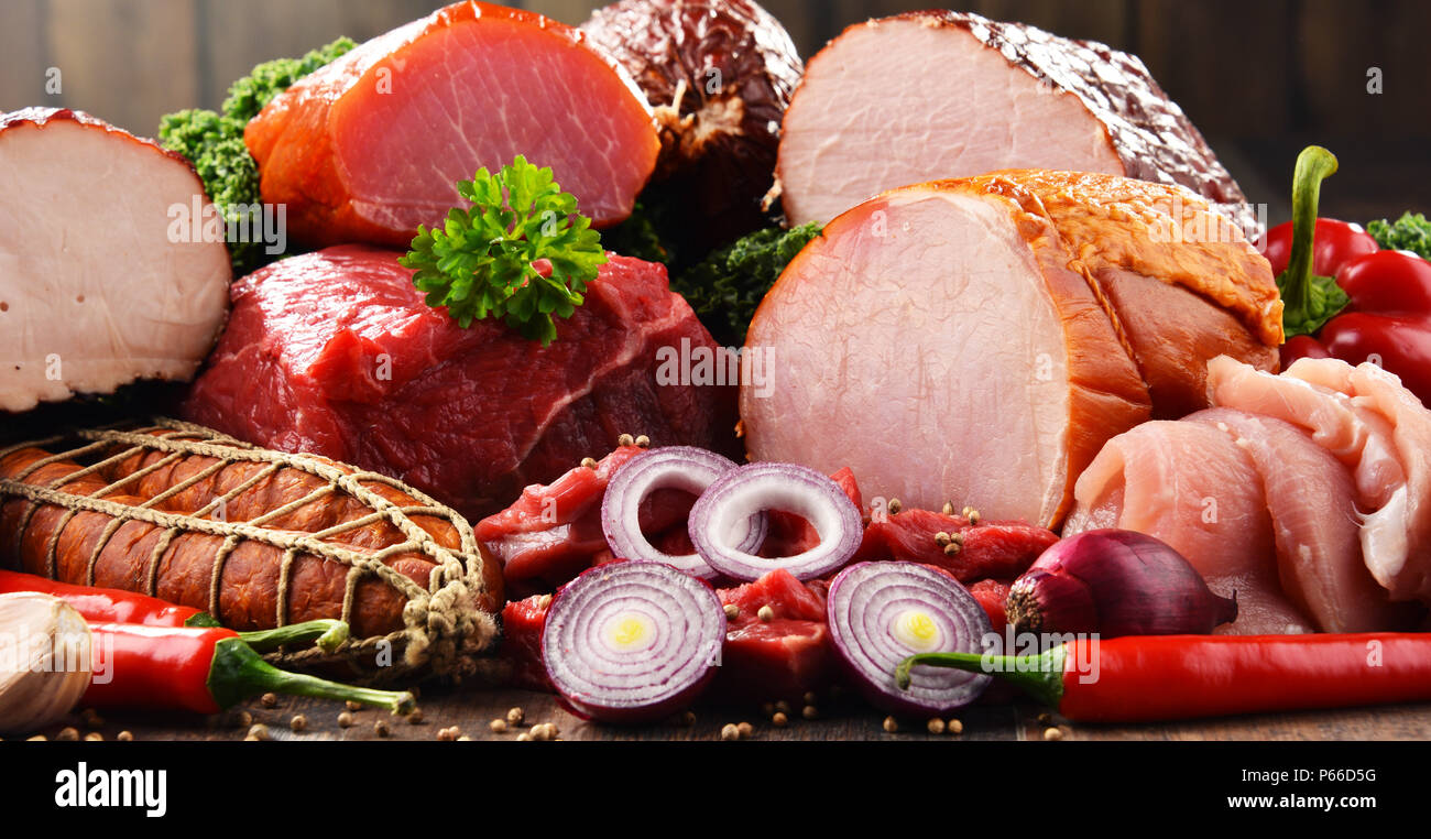 Variety of meat products including ham and sausages Stock Photo Alamy