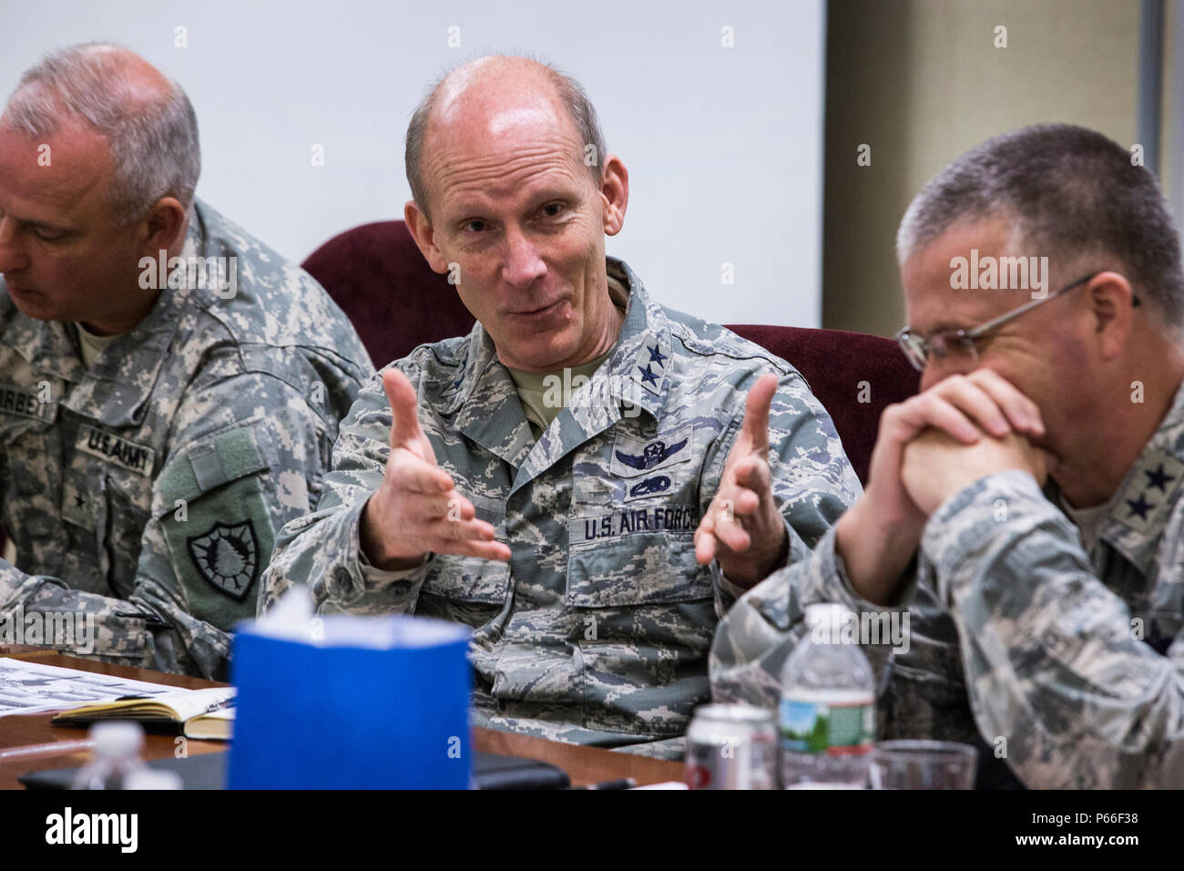 Gen. Robert B. Abrams, Commander, U.S. Army Forces Command, meets with the adjutants’ generals and their representatives from Federal Emergency Management Agency Regions 1 and 2, which includes Connecticut, Maine, Massachusetts, New Hampshire, New Jersey, New York, Puerto Rico, Rhode Island, Vermont, and the Virgin Islands, at the New Jersey National Guard's Joint Training and Training Development Center, at Joint Base McGuire-Dix-Lakehurst, N.J., May 5, 2016. The meeting is a part of a series of engagements between the FORSCOM commander and adjutants general that provide a forum for informati Stock Photo