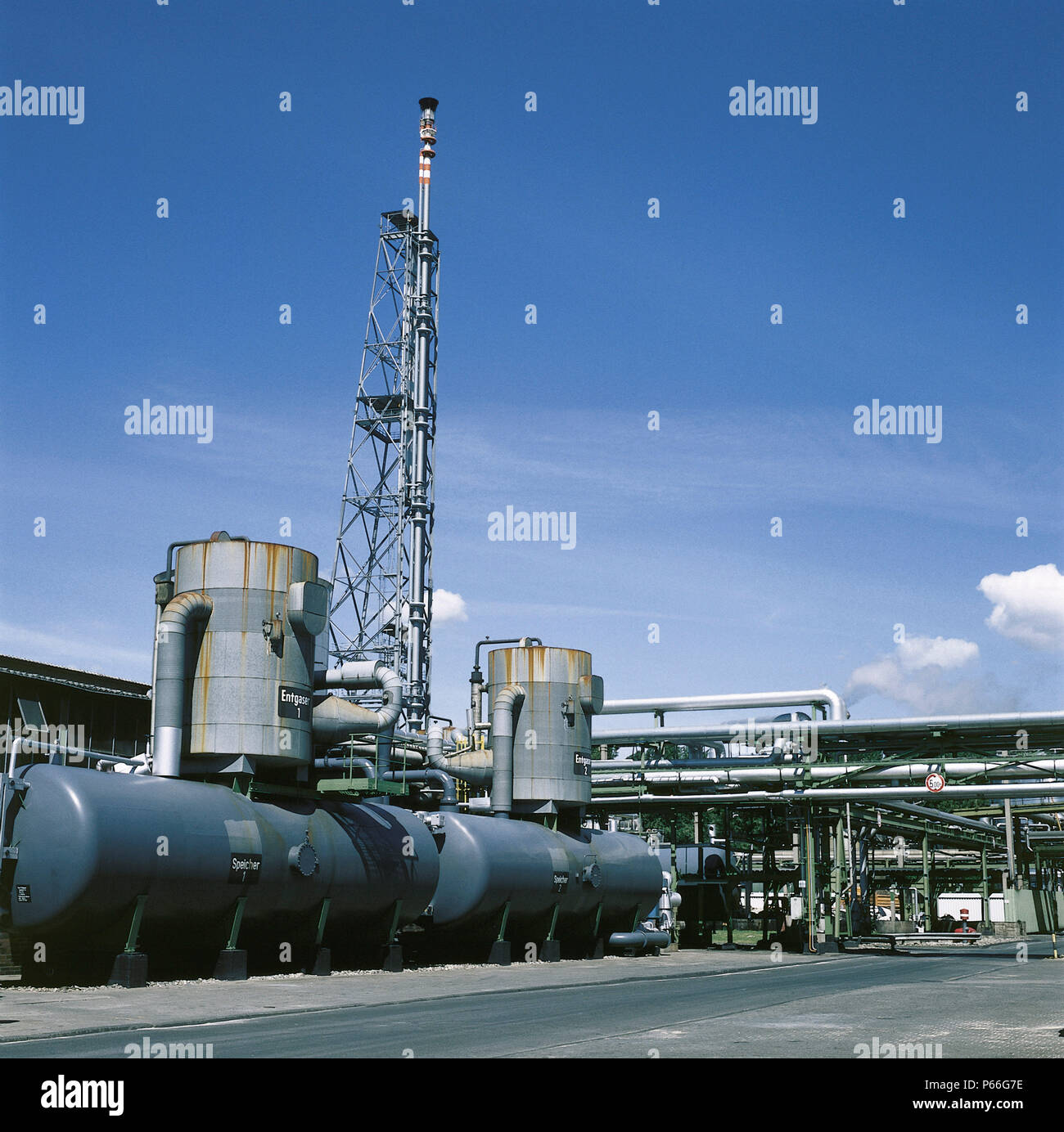 Smokestack of chemical processing plant Stock Photo
