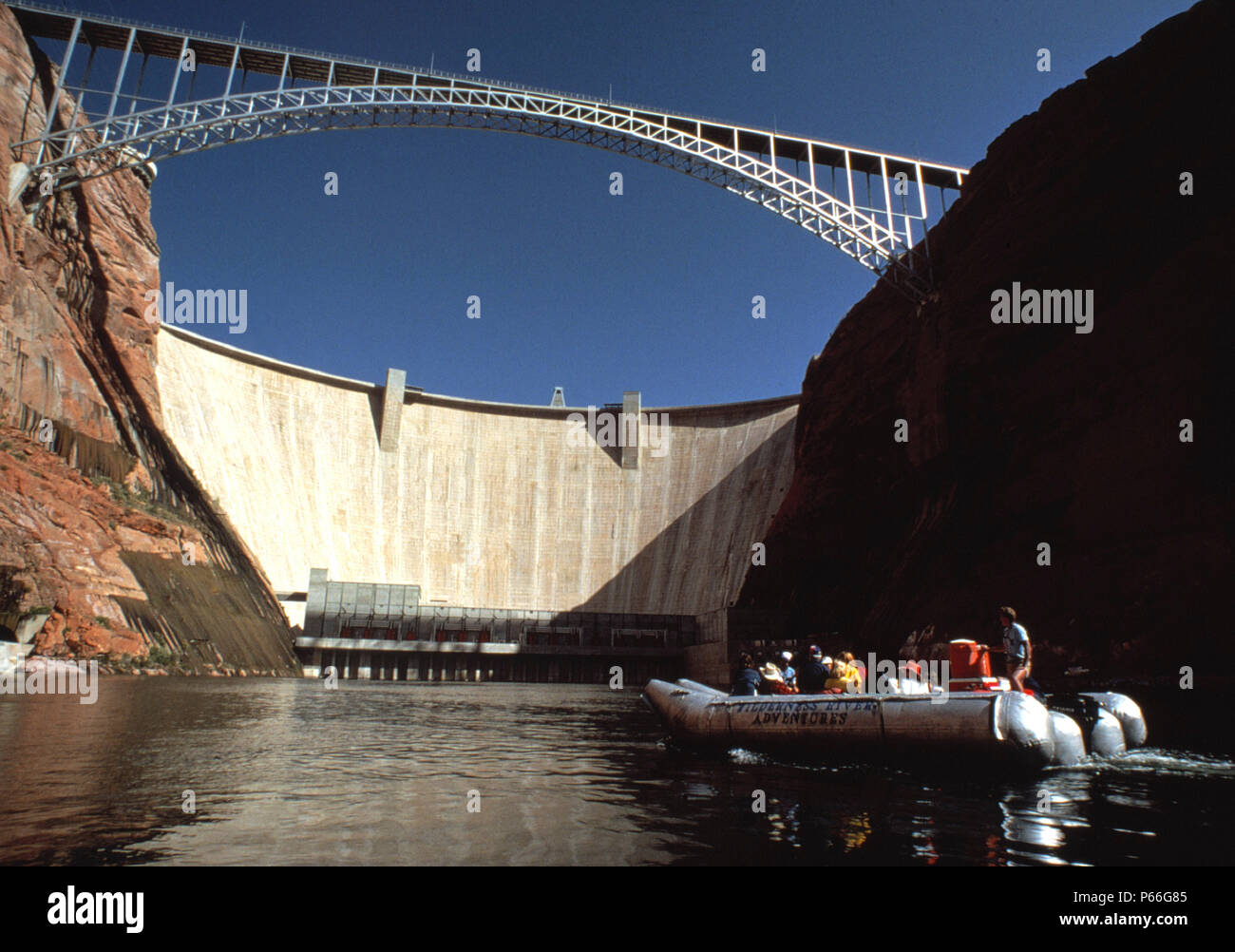 Rubber dinghy at Colorado river - Glen canyon dam - state of Arizona - USA Stock Photo