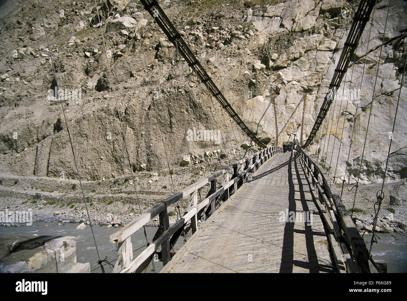 Rope and plank suspension bridge - Nagar valley - Pakistan Stock Photo ...