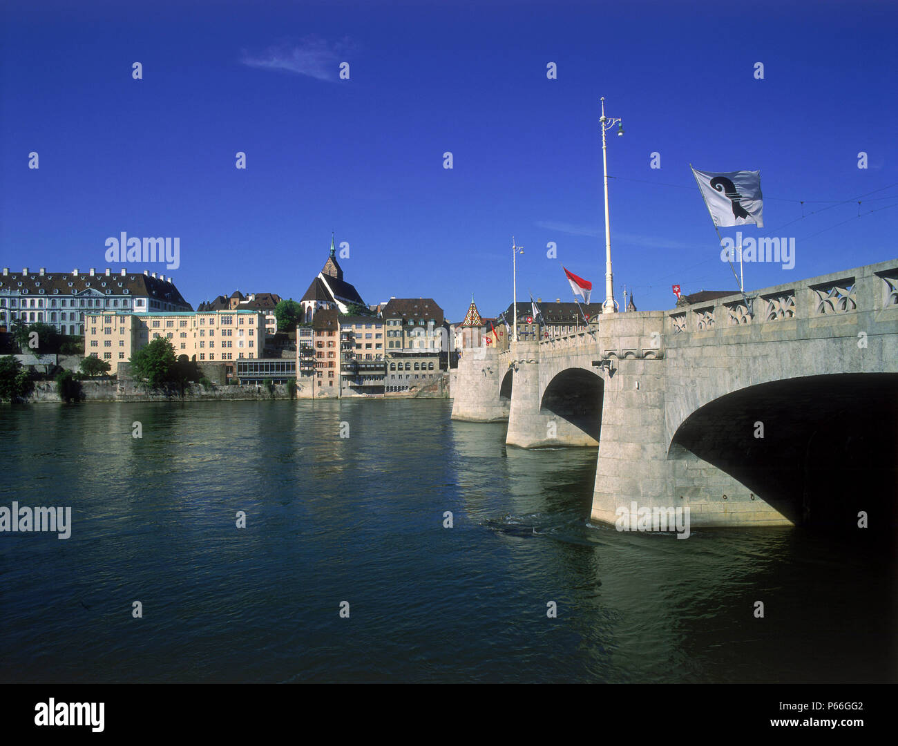 Martins church, Middle Bridge over the River Rhine, city of Basle, Switzerland Stock Photo