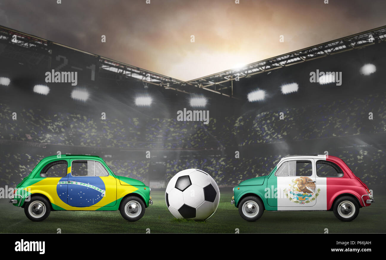 Brazil and Mexico flags on cars with soccer or football ball at stadium