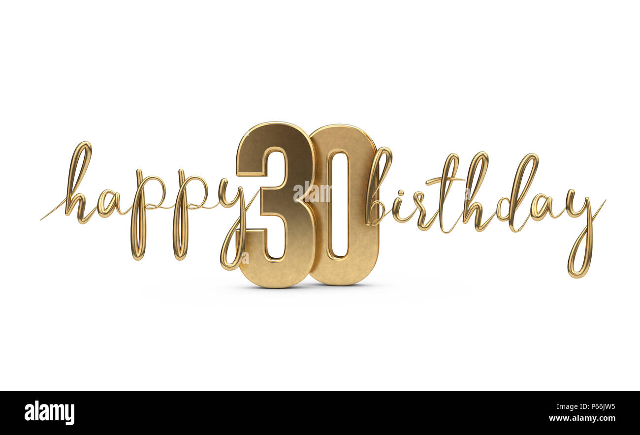 Happy 30th birthday gold greeting background. 3D Rendering Stock Photo