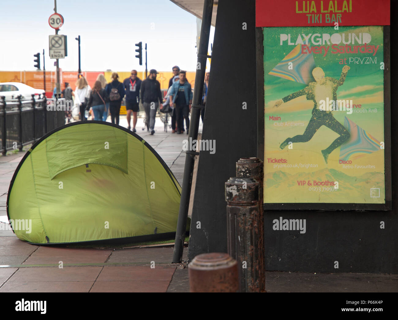 A homeless person's tent in central Brighton Stock Photo