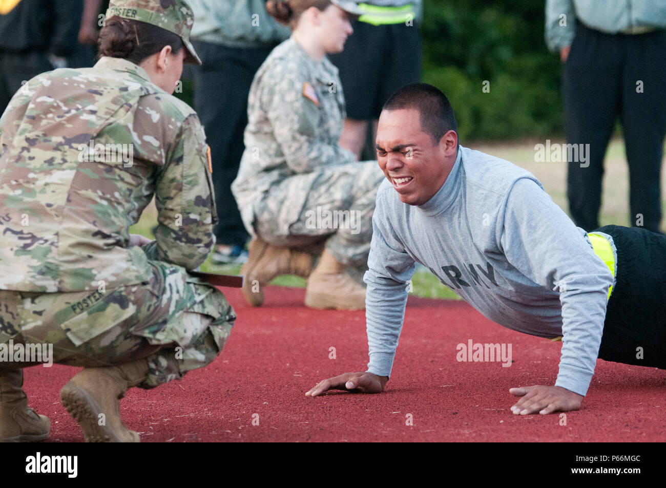 U.S. Army Sgt. Trinidad Escobedo, with the 230th Brigade Support Battalion, 30th Armored Brigade Combat Team, performs pushups during an Army physical fitness test as part of the 30th ABCT’s Inaugural Hickory Cup at Fort Bragg, North Carolina, May 7, 2016.  The Hickory Cup was modeled after the Sullivan Cup, a world-class physically and mentally demanding competition that rigorously tests U.S. Army Soldiers, U.S. Marines and international partners in tank crew maneuver, sustainment and gunnery skills. (U.S. Army National Guard photo by Staff Sgt. Jonathan Shaw, 382nd Public Affairs Detachment/ Stock Photo