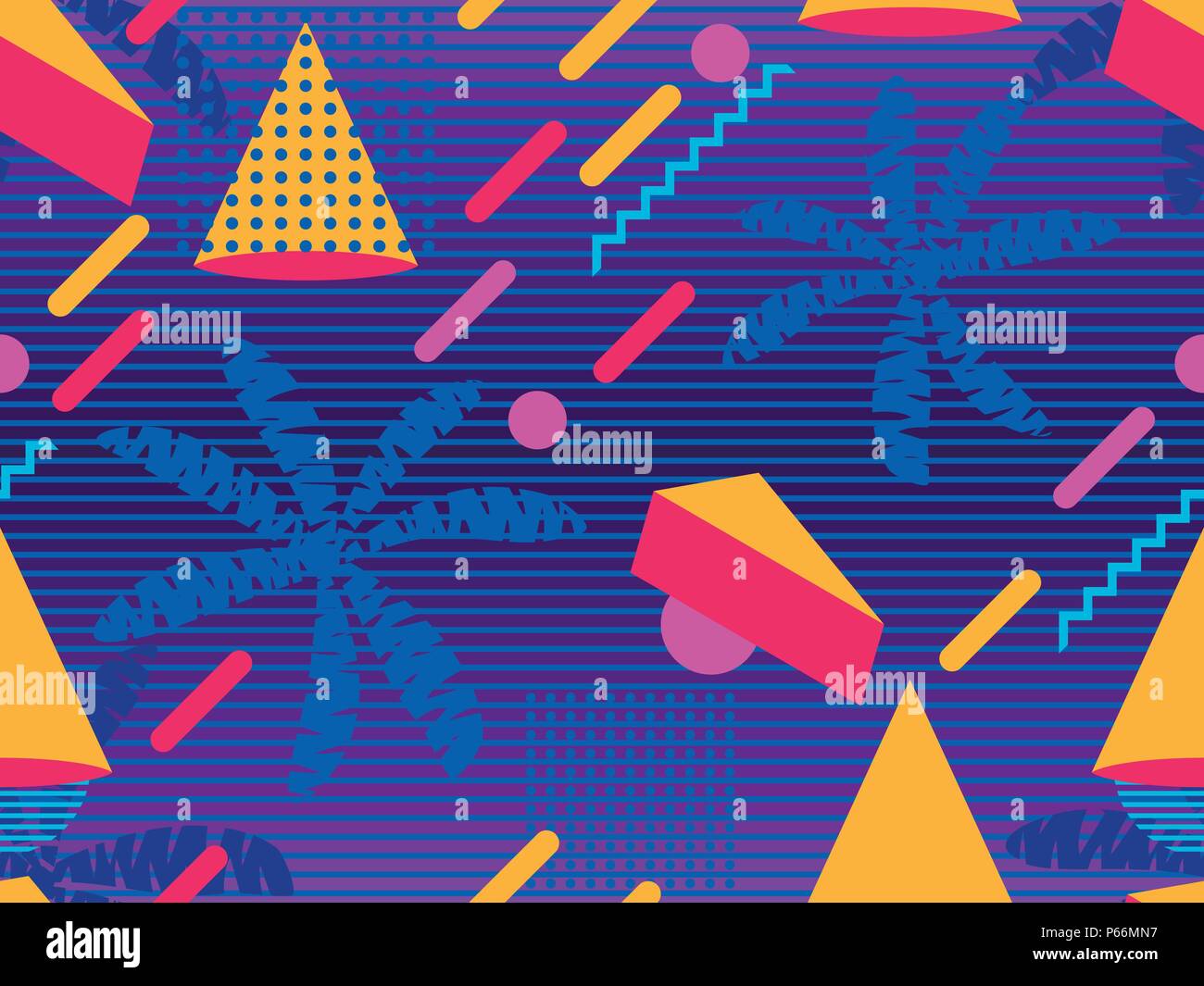 Summer futurism seamless pattern. Geometric elements memphis in the style of 80s. Retro background with palm trees. Retrowave. Vector illustration Stock Vector