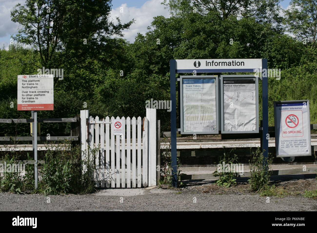 Forecourt and entrance to Elton and Orston station, Lincolnshire showing timetables. 2007 Stock Photo