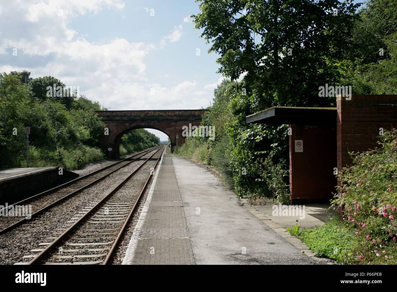 General view of the platforms and waiting shelter at Elton and Orston station, Lincolnshire. 2007 Stock Photo