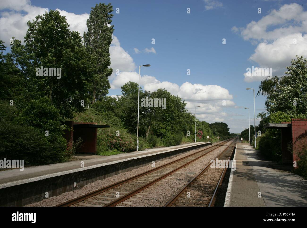 General view of the platforms, waiting shelters and lighting at Elton and Orston station, Lincolnshire. 2007 Stock Photo