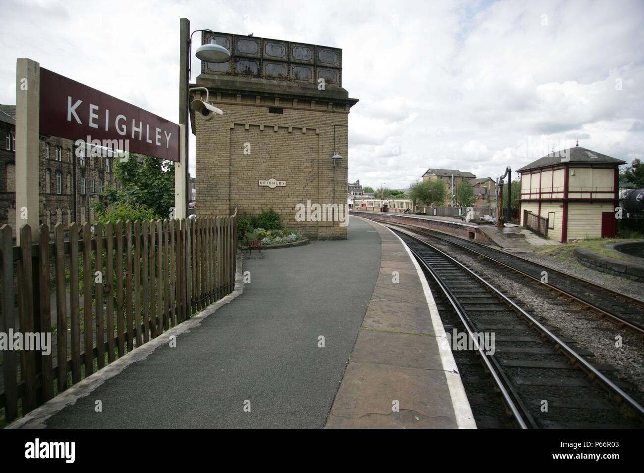Heritage water tower, signal box and signage at Keighley station on the Keighley and Worth Valley railway Yorkshire. 2007 Stock Photo