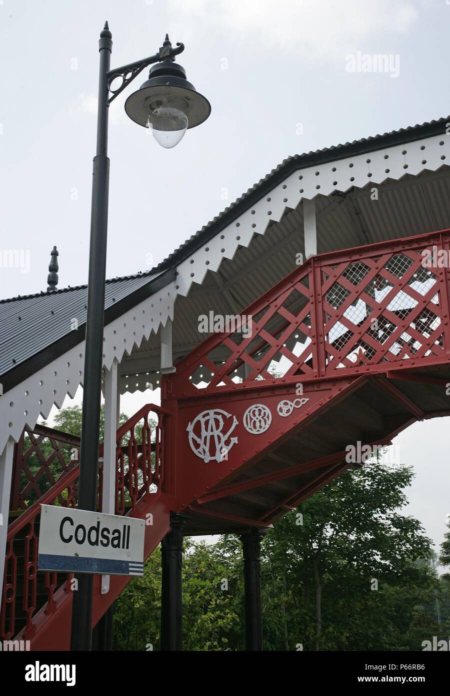 Newly refurbished footbridge and platform lighting at Codsall station, Staffordshire. 2007 Stock Photo