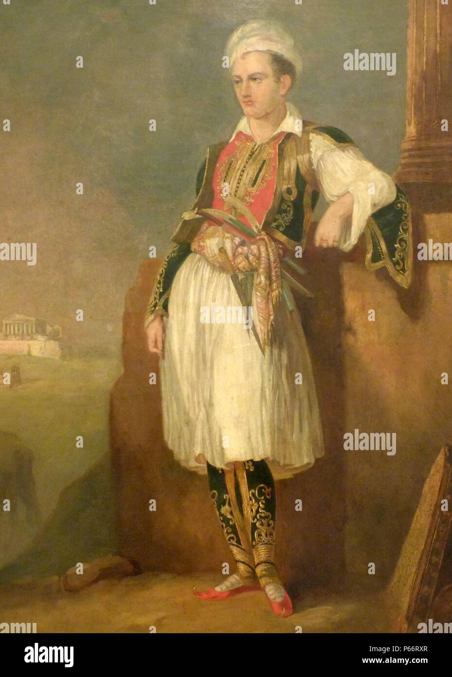 Portrait of Lord Byron (1788-1824), dressed in Greek costume and with the Acropolis of Athens in the background. Oil painting, Circa 1830, in The Benaki Museum, Athens, Greece. Stock Photo