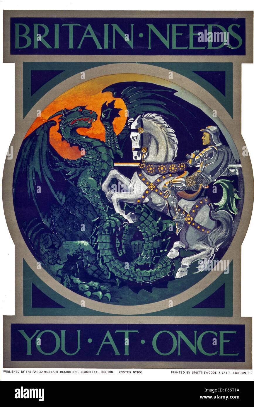 Britain needs you at once. Poster showing St. George slaying the dragon; scene in roundel format. published in the First World War by the British Parliamentary Recruiting Committee, 1915 Stock Photo