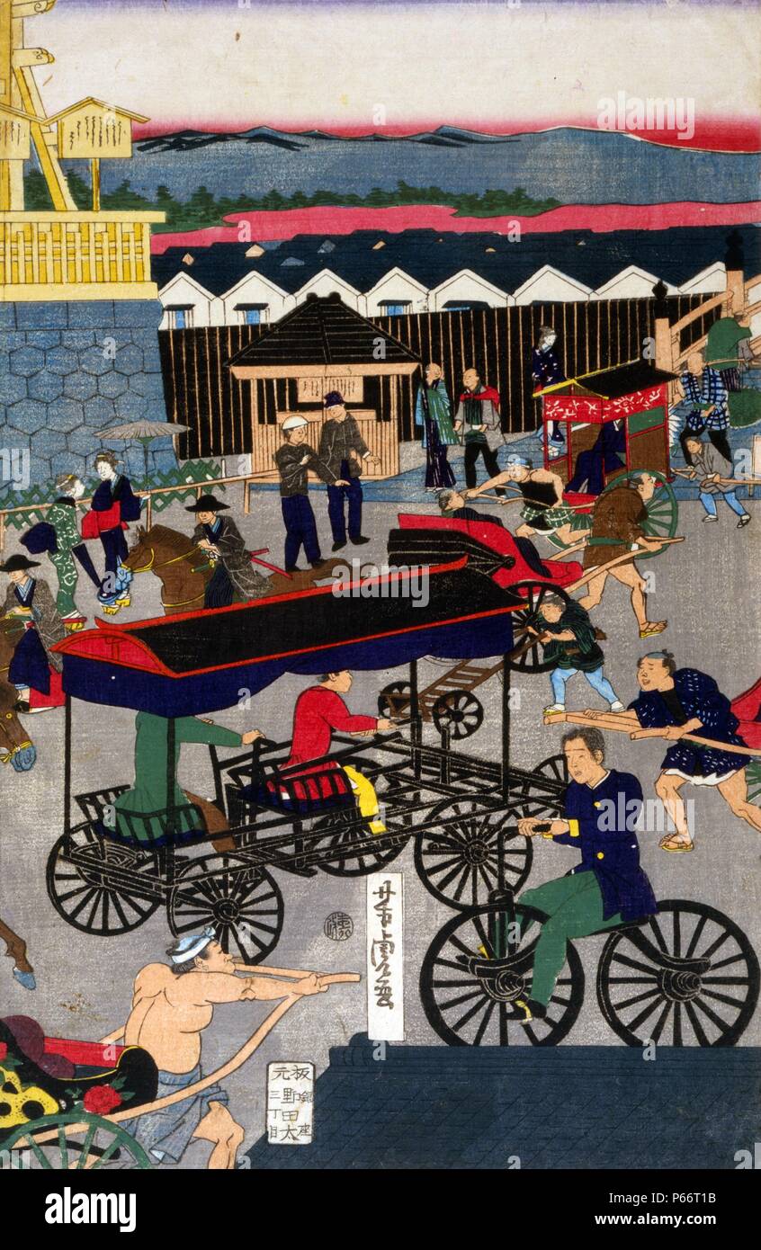Tokyo Nihonbashi han ei no zu : Flourishing Nihonbashi section of Tokyo. by Yoshitora Utagawa, active 1850-1870, Japanese artist. Published 1861. Japanese triptych print shows various modes of transportation on street in Tokyo, Japan. Includes title page cover sheet with title and name of artist inscribed in ink brush 1860 Stock Photo