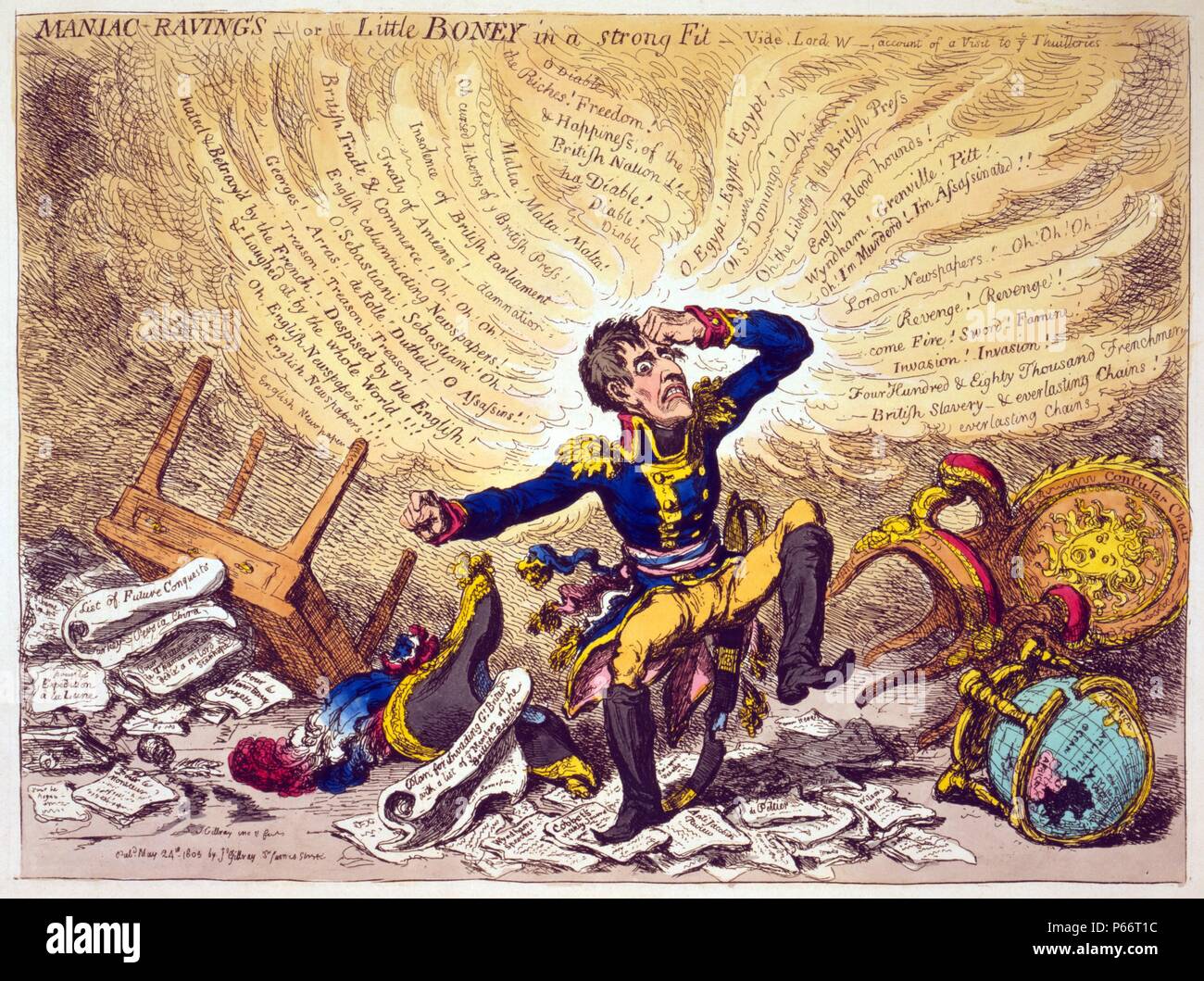 Maniac-raving's-or-Little Bony in a strong fit Cartoon by James Gillray, 1756-1815, engraver 1803. Cartoon showing Napoleon in a fury over relations between France and England. 1803 Stock Photo
