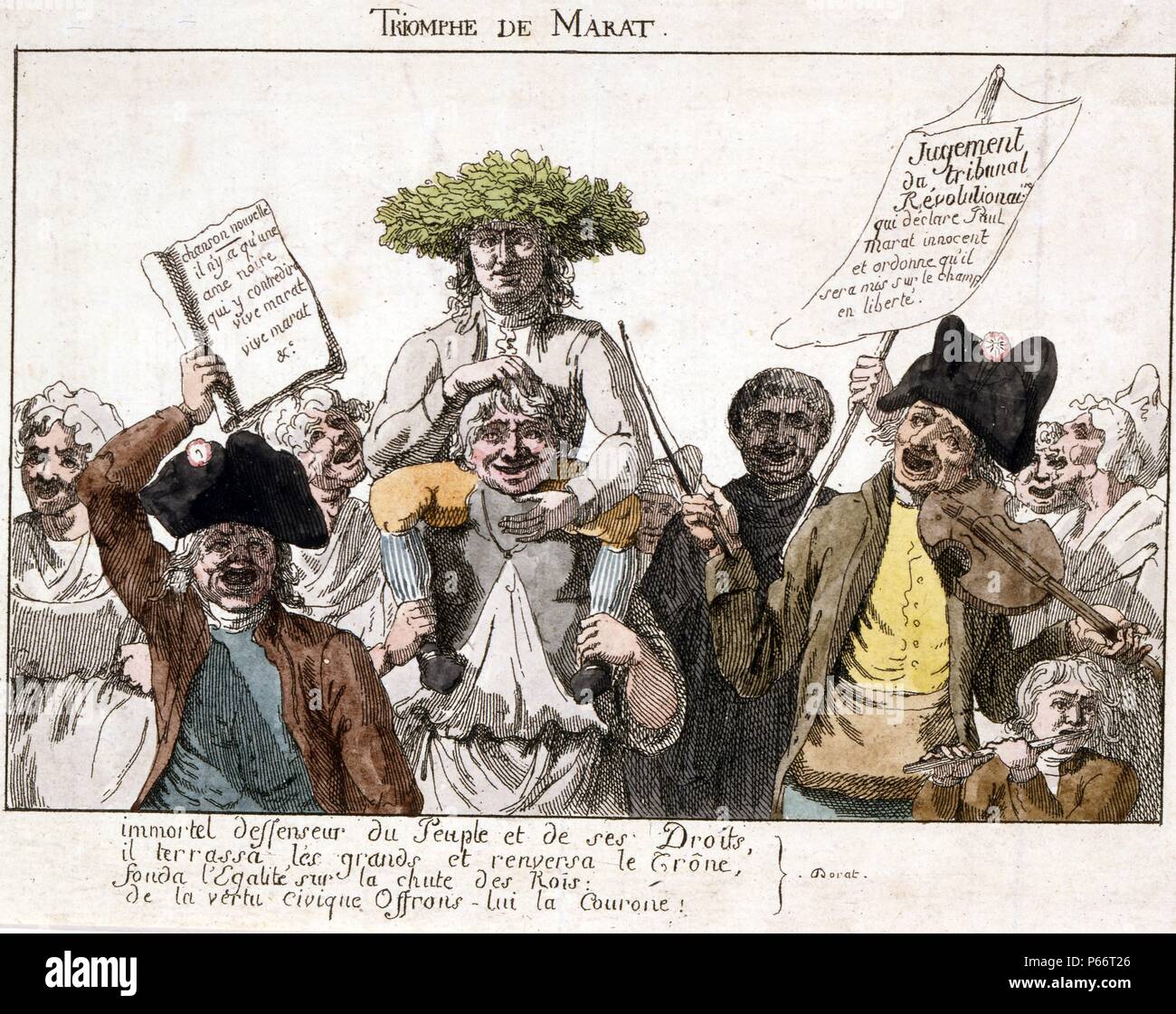 Triomphe de Marat : [1793] etching, with watercolour. Jean Paul Marat with crown of laurel leaves carried on shoulders of man around whom others are crowded; celebrating his acquittal by Revolutionary Tribunal. French political cartoon Stock Photo