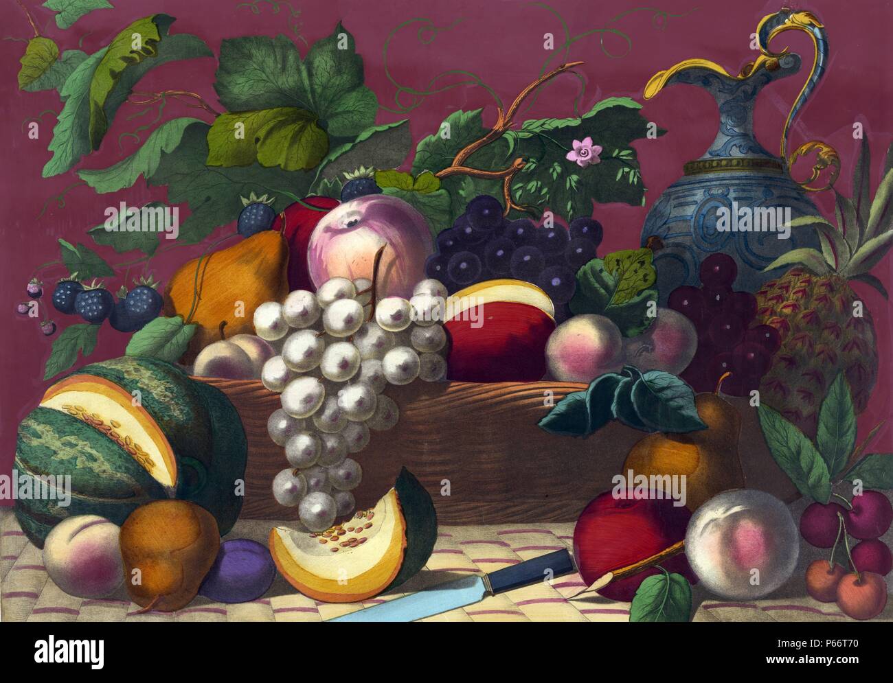 A still life with American prize fruit in and around a basket. a knife ...