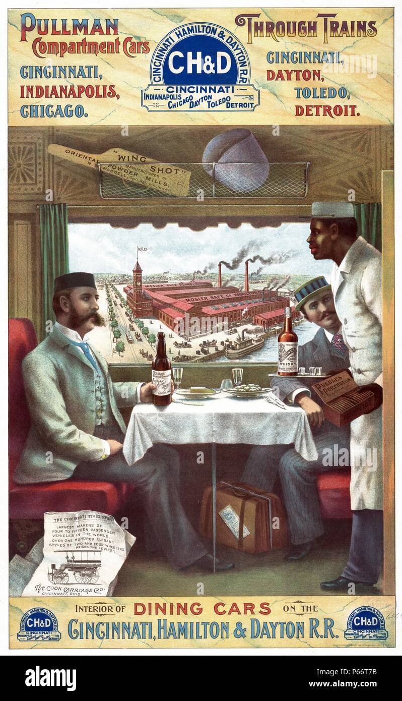 Pullman compartment cars through trains. interior of a dining car on the Cincinnati, 1894. Print shows two men seated at a table in a dining car on a train being served by an African American porter. The Mosler Safe Company in Cincinnati is seen through the window of the train Stock Photo
