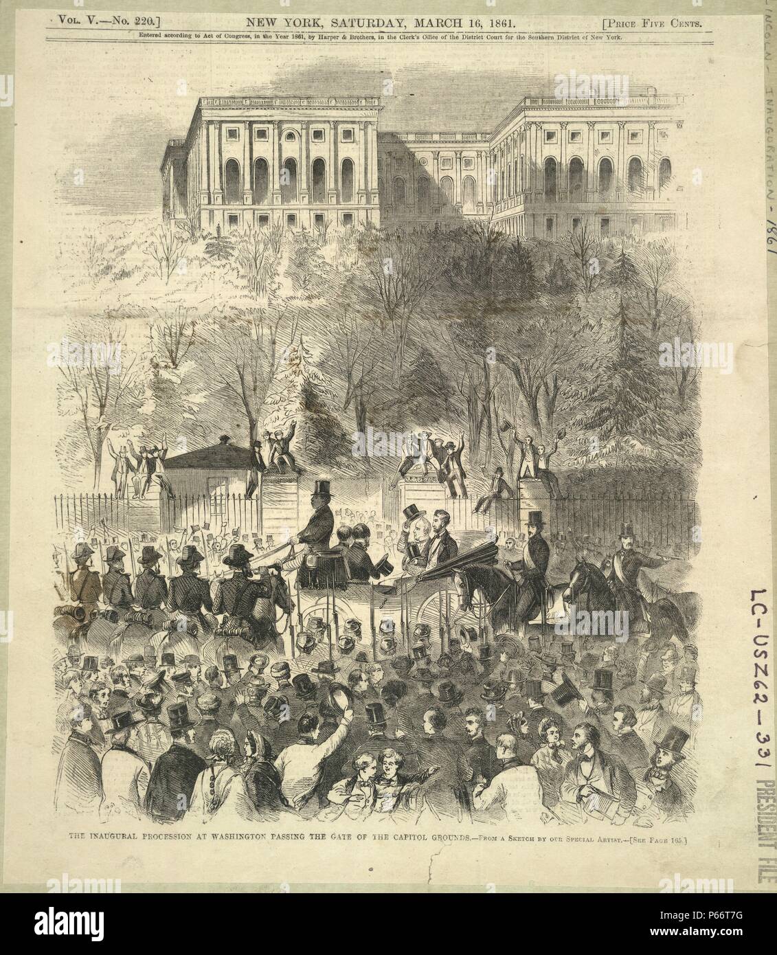 The inaugural procession at Washington passing the gate of the Capitol grounds. Published: 1861. President-elect Lincoln and President Buchanan (tipping his top hat) amidst cheering crowd before west gate at base of Capitol grounds, on their way to the Capitol for Lincoln's first inauguration. Stock Photo
