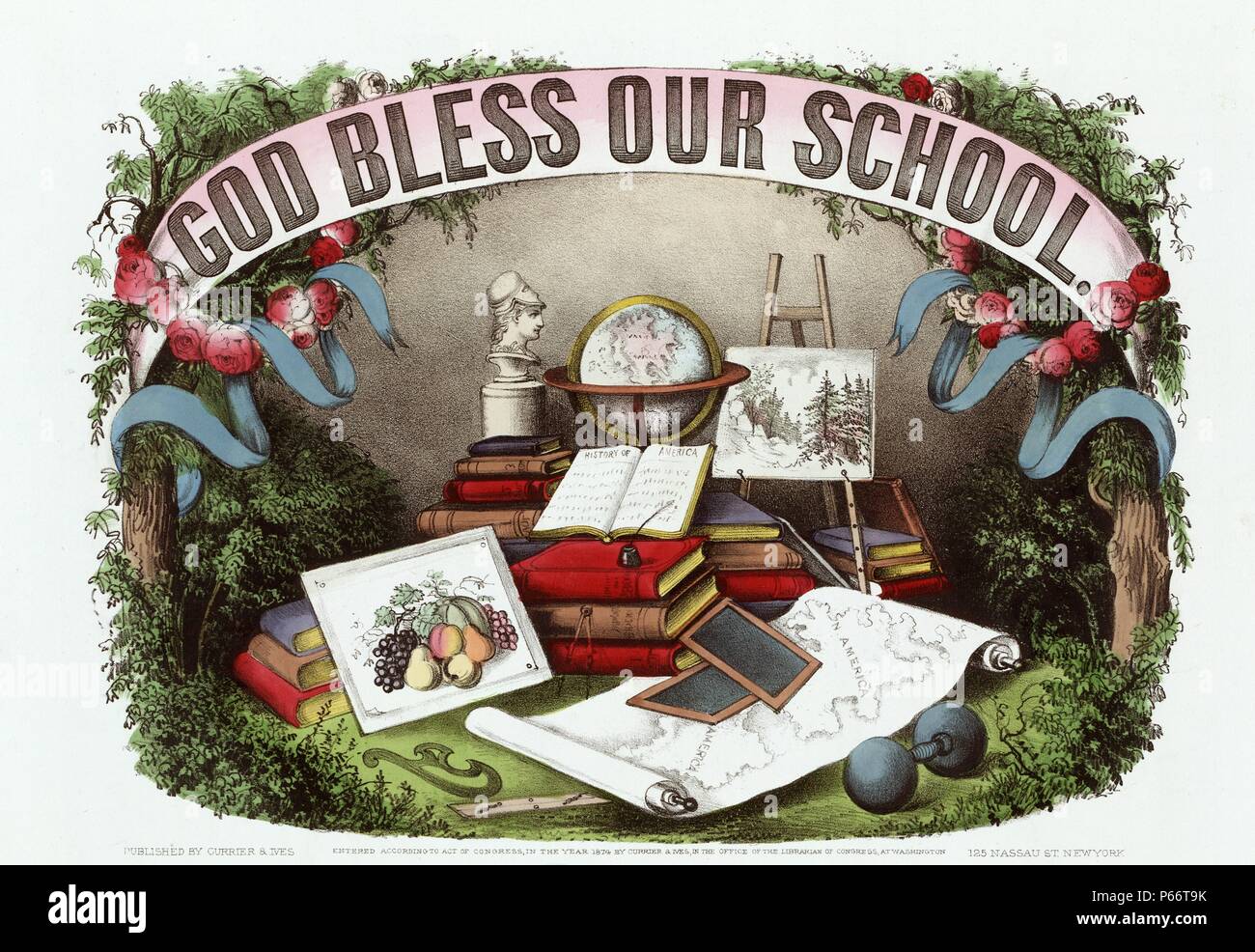God bless our school. Published: New York by Currier & Ives, 1874. Print shows books, a globe, a bust sculpture, a still life painting and a painting depicting the majesty of nature, two chalk slates, and a map of America. Stock Photo
