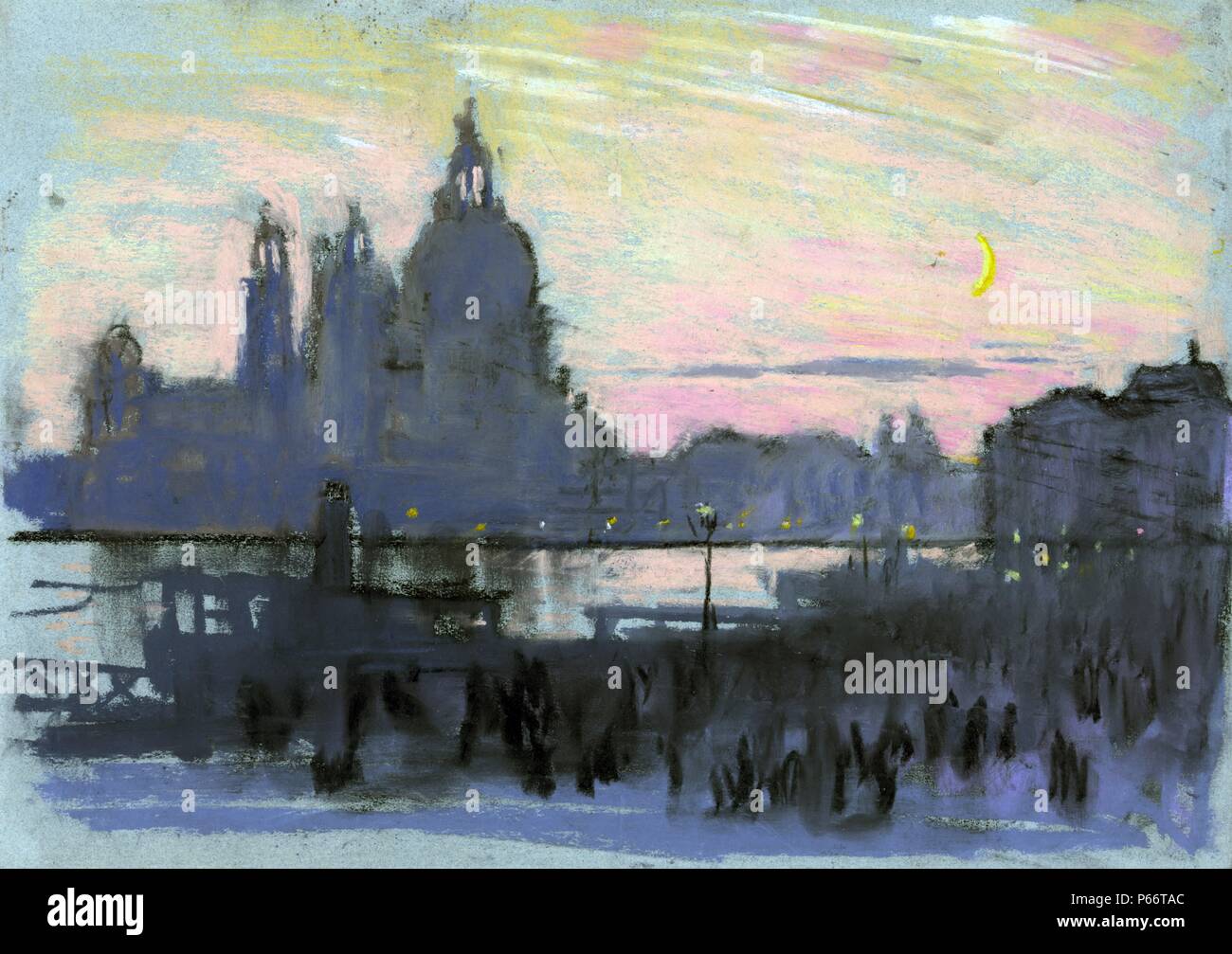 The gold moon by Joseph Pennell 1857-1926, artist. Published: [between ca. 1901 and 1908] Italy, Venice. As described in Wuerth, 'View from the Redentore, foreground heavily shaded, on opposite shore the Salute and other buildings in heavy Gray mass against a brilliant rose and gold sunset sky and to the right a gold crescent moon. Colours, black, blue-Gray, rose, yellow, cream, Gray and orange, on bluish Gray paper.' Stock Photo