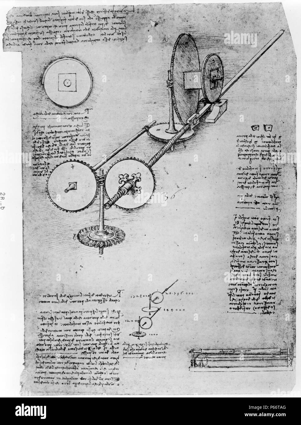 Reproduction of page from notebook showing the operation of a mechanical wing by Leonardo, da Vinci, 1452-1519. Dated between 1894 and 1904 Stock Photo