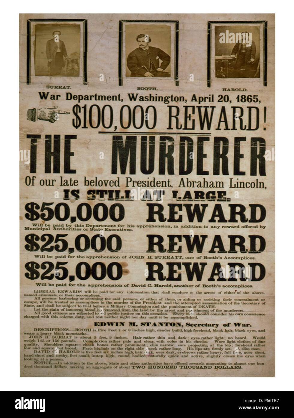 $100,000 reward! The murderer of our late beloved President, Abraham Lincoln, is still at large. Published: 1865. Broadside advertising reward for capture of Lincoln assassination conspirators, illustrated with photographic prints of John H. Surratt, John Wilkes Booth, and David E. Herold. Stock Photo