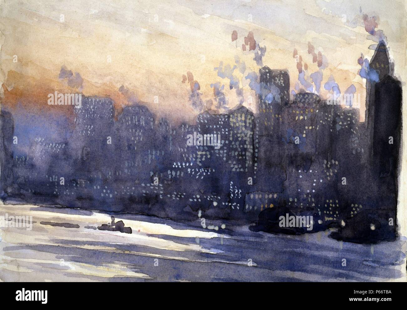 New York City harbour and skyline at night, by Joseph Pennell, 1857-1926, artist painted between ca. 1921 and 1926. drawing on cream paper, in watercolour, gouache. New York City. Diagonal view across East River to tall buildings of Manhattan, red glow of sunset above, dots of light in many of the windows. Stock Photo