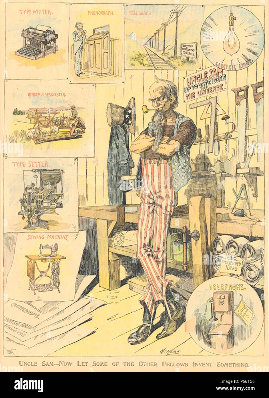 Uncle Sam--Now Let Some of the Other Fellows Invent Something by Charles Nelan, New York Herald, 1898. Colour Sunday supplements were important weapons in the newspaper wars of the late 19th century and many featured somewhat jingoistic moments such as this page by Nelan. Stock Photo