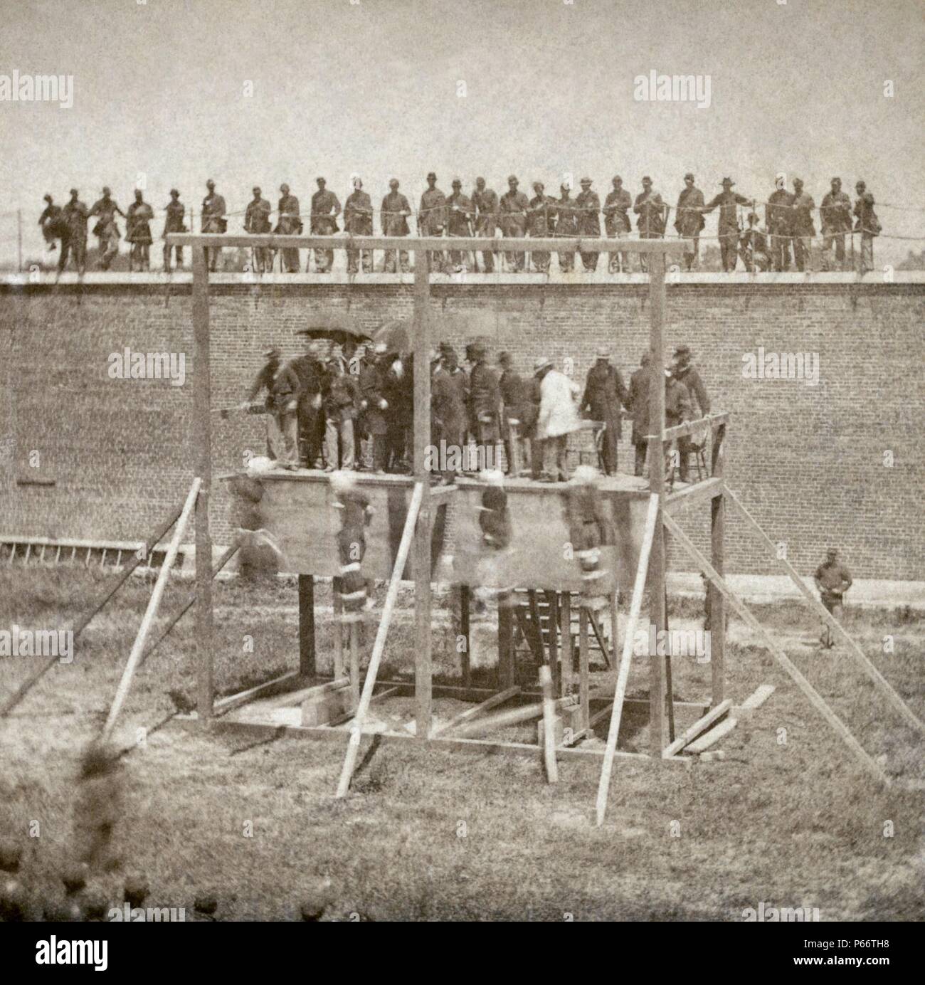 Execution of Mary Surratt, Lewis Powell, David Herold, and George Atzerodt, conspirators of Abraham Lincoln assassination, on July 7, 1865 at Fort McNair in Washington, D.C. Stock Photo