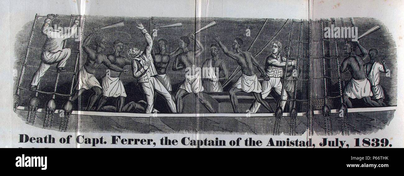 newspaper's depiction of the Revolt on the Amistad was a small, two-mastered schooner. Built in Spain and based in Havana, it moved general cargo along the Spanish ports of the Caribbean. On June 28th, 1839 it sailed from Havana towards the port of Santiago de Cuba, at the other extreme of the island, on this occasion its cargo was some general parcels sent on behalf of the Spanish Governor-General of Cuba and 39 slaves, dispatched to a plantation. Stock Photo
