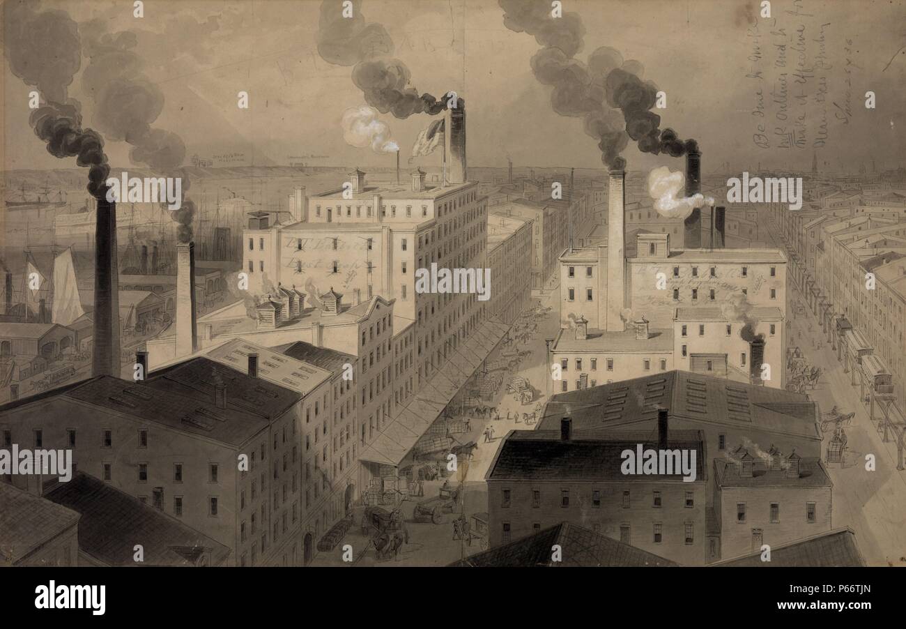 View of B.T. Babbitt's 'best soap' factory buildings, New York City by artist James A Shearman. Drawing from elevated perspective shows a soap factory, roof tops, street activity, and 9th Avenue elevated railroad, looking northwest across the Hudson River to the New Jersey Palisades. Dated between 1870 and 1880 Stock Photo