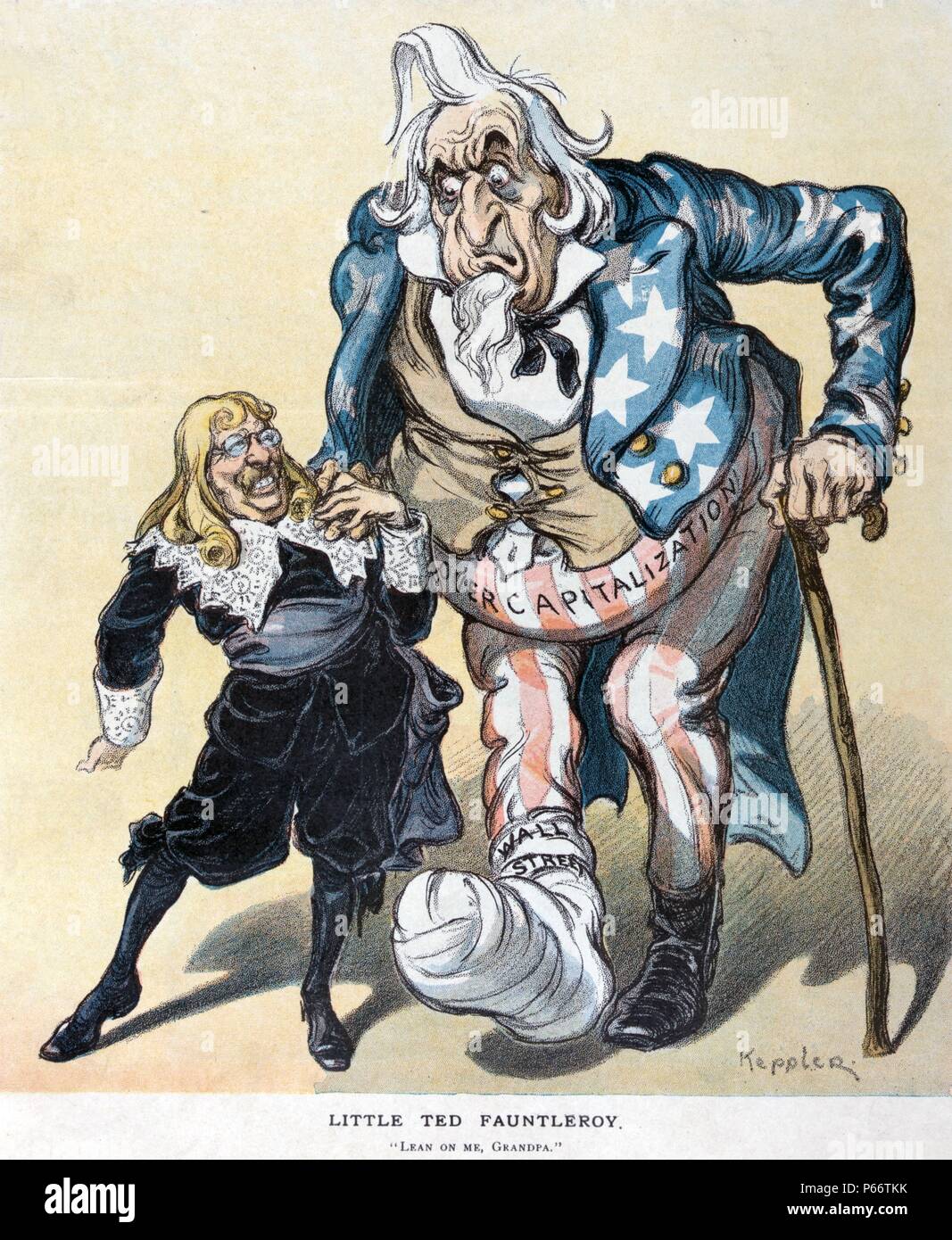 Little Ted Fauntleroy by Udo Keppler, 1872-1956, artist. Published 1907. Illustration shows Theodore Roosevelt, as little Lord Fauntleroy, helping elderly Uncle Sam, bloated by 'Overcapitalization' and a bandaged right foot labelled 'Wall Street', walk with a cane. Stock Photo