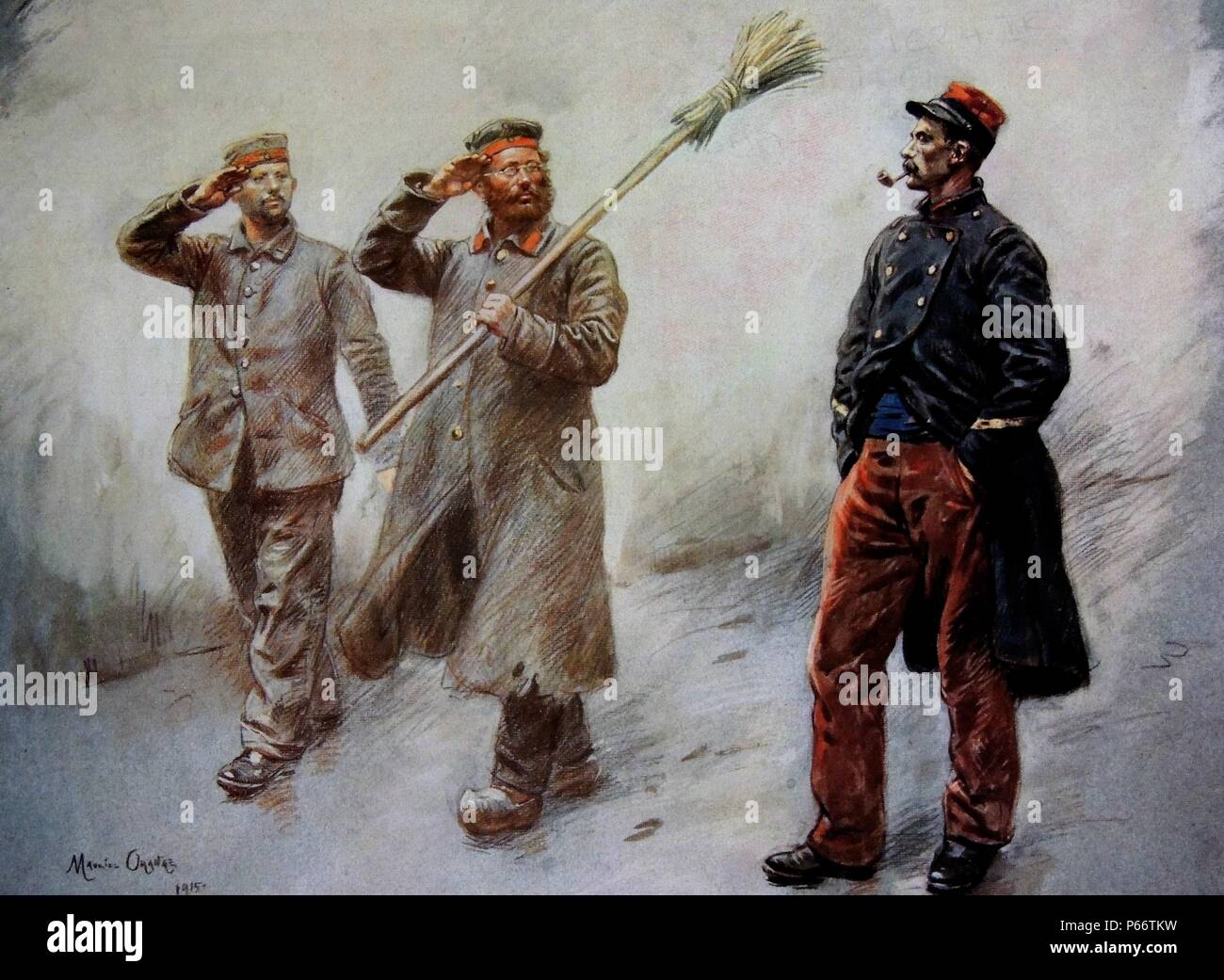 German prisoners of War salute a French officer 1915 at a French prisoner of War camp at Dinan. Painting by Maurice Orange. Stock Photo
