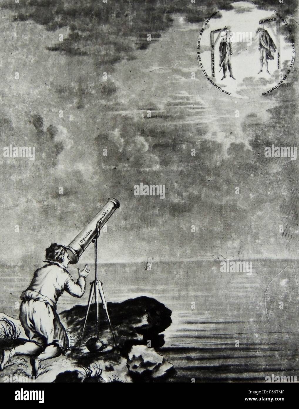 Figures of two men executed during the French revolution are seen through a telescope. Stock Photo