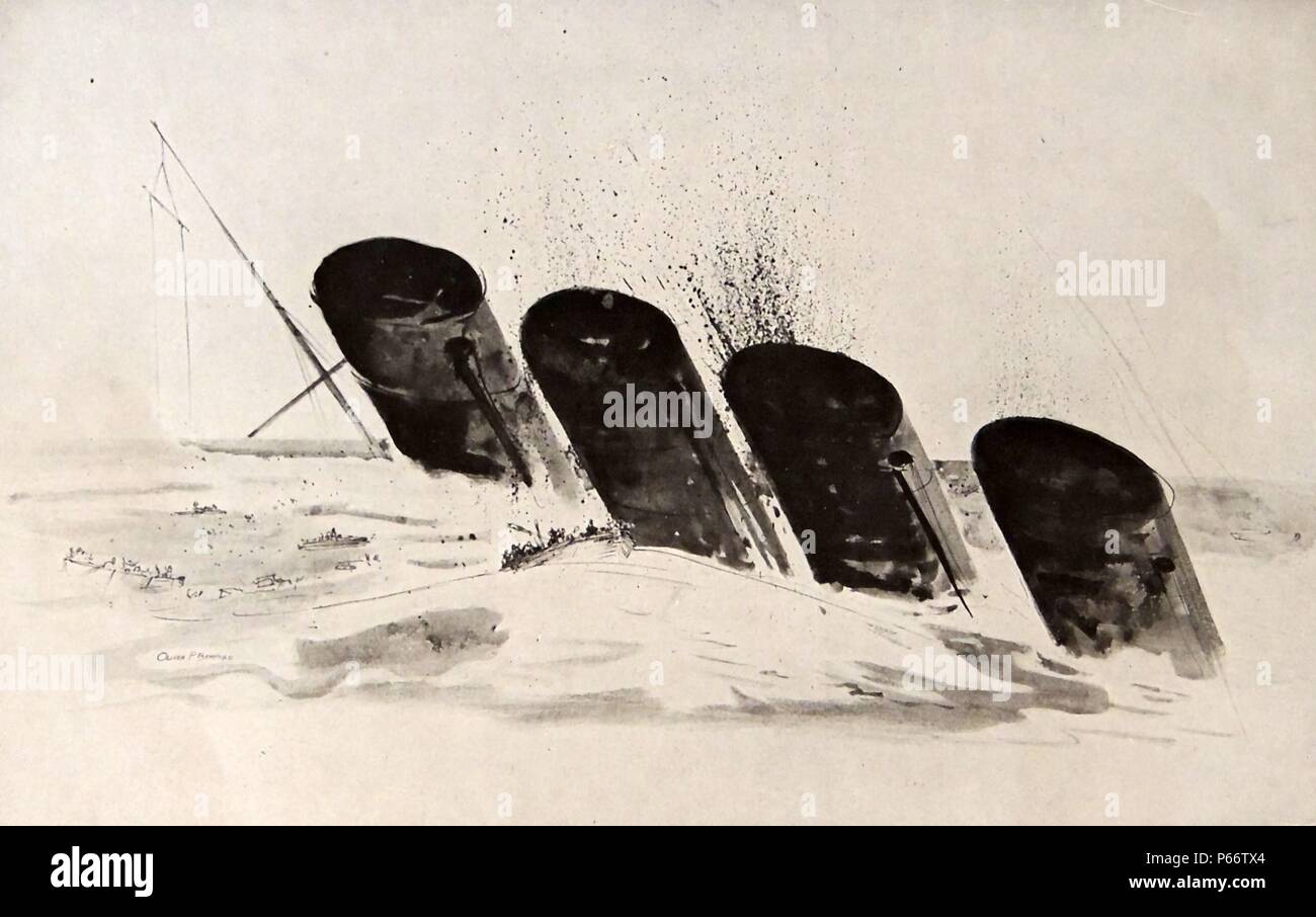 The funnels of the Lusitania as she sinks below the surface of the sea. RMS Lusitania was a British ocean liner, holder of the Blue Riband and briefly the world's biggest ship. She was launched by the Cunard Line in 1907, at a time of fierce competition for the North Atlantic trade. In 1915 she was torpedoed and sunk by a German U-boat, causing the deaths of 1,198 passengers and crew. 1915 Stock Photo