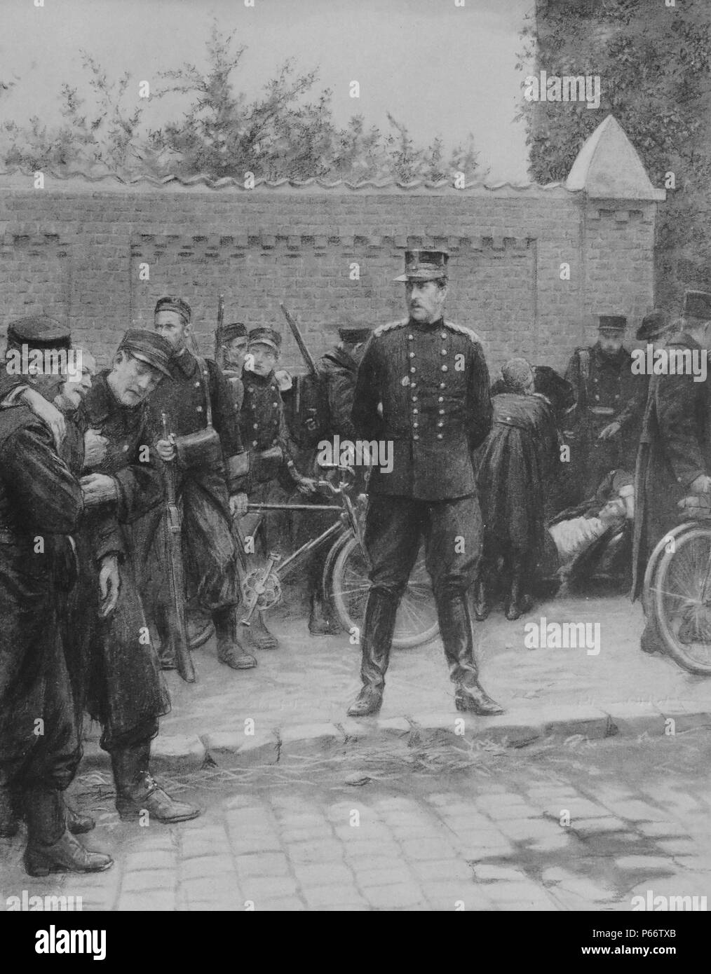 King Albert I of Belgium observes wounded Belgian soldiers as they arrive for treatment in military hospital Stock Photo