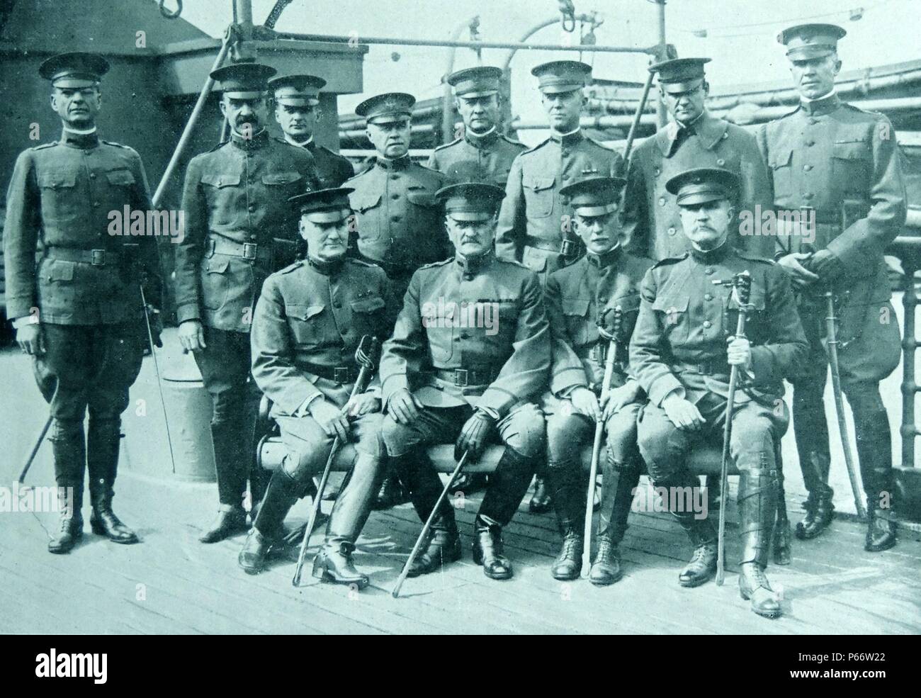 John Joseph Pershing (September 13, 1860 – July 15, 1948), who led the American Expeditionary Forces in World War I. Departing for Europe on board the USA transport ship Invicta. 1917 Stock Photo