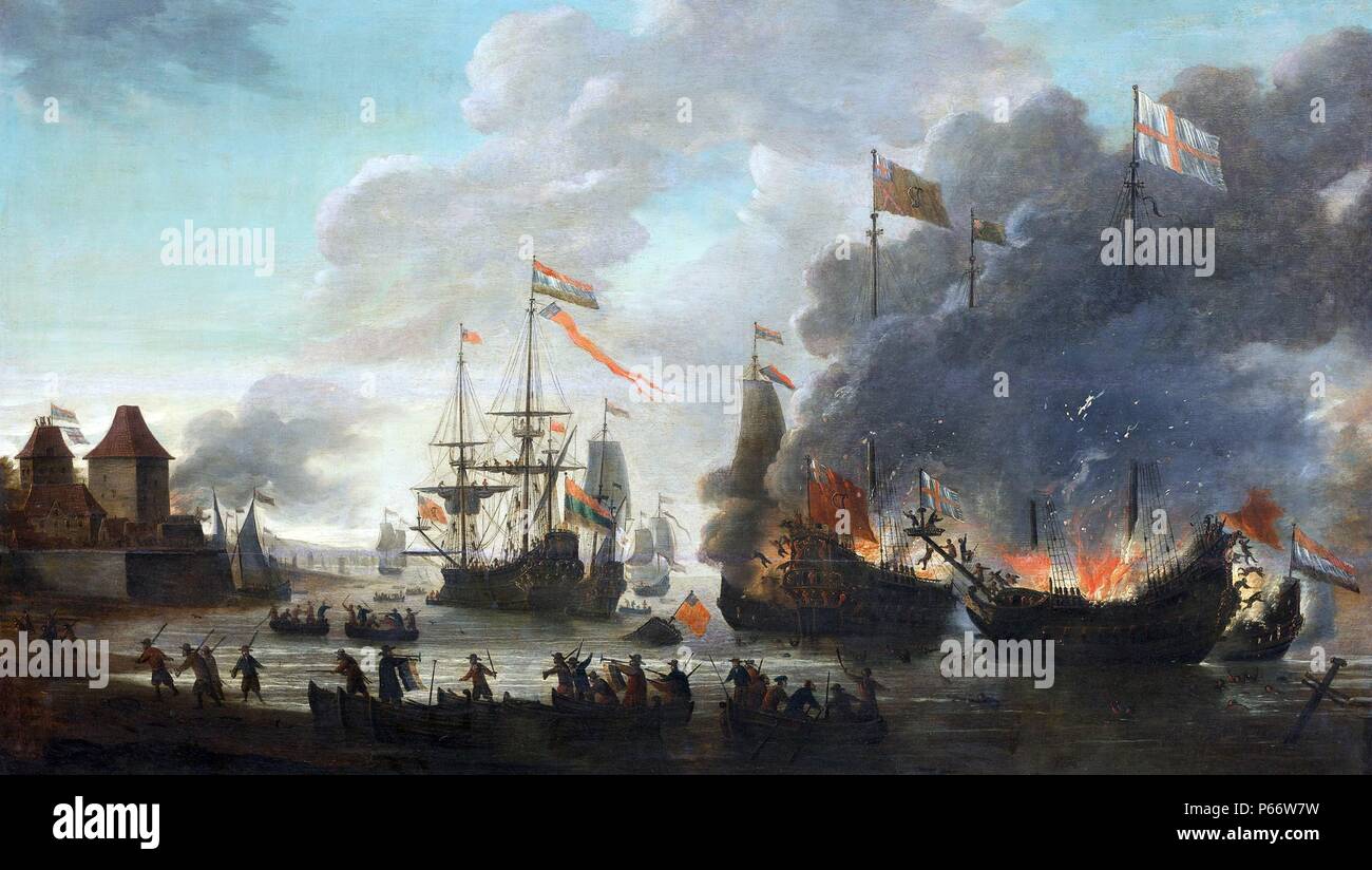The Dutch burning English ships during the Raid on the Medway, 20 June 1667. oil on panel, Rijksmuseum, Amsterdam. The Raid on the Medway, sometimes called the Battle of the Medway, Raid on Chatham or the Battle of Chatham, was a successful Dutch attack on the largest English naval ships, laid up in the dockyards of their main naval base Chatham, that took place in June 1667 during the Second Anglo-Dutch War. Stock Photo