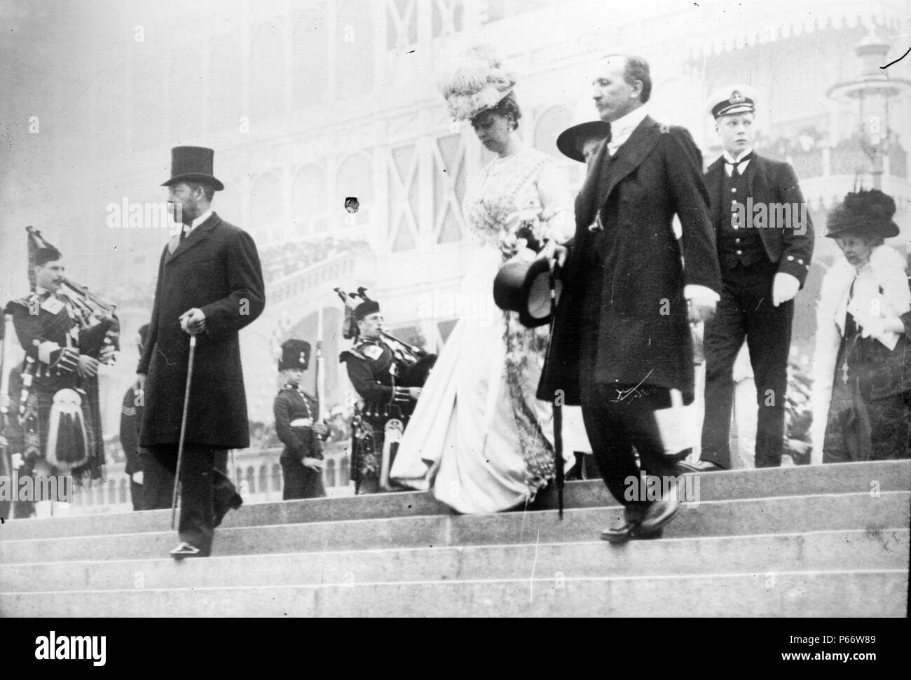 King George V of the United Kingdom, Queen Mary and the Prince of Wales (George VI) at the opening of the Festival of Empire at the Crystal Palace, London, May 12, 1911 Stock Photo