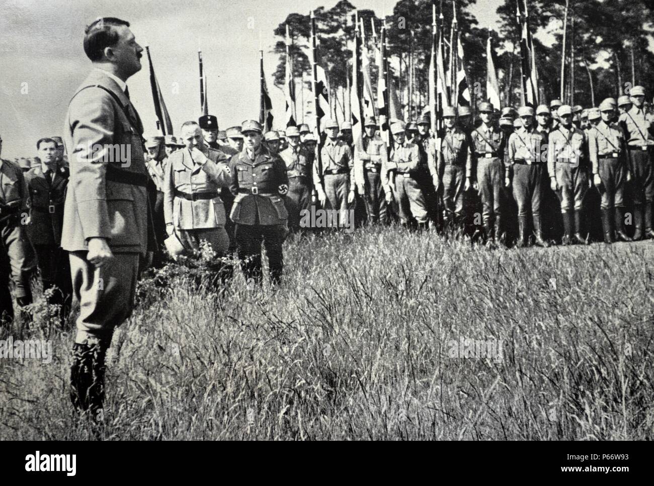 Adolf Hitler 1889-1945. addresses a rally of Nazi recruits in Bernau. German politician and the leader of the Nazi Party. He was chancellor of Germany from 1933 to 1945 and dictator of Nazi Germany from 1934 to 1945. Stock Photo
