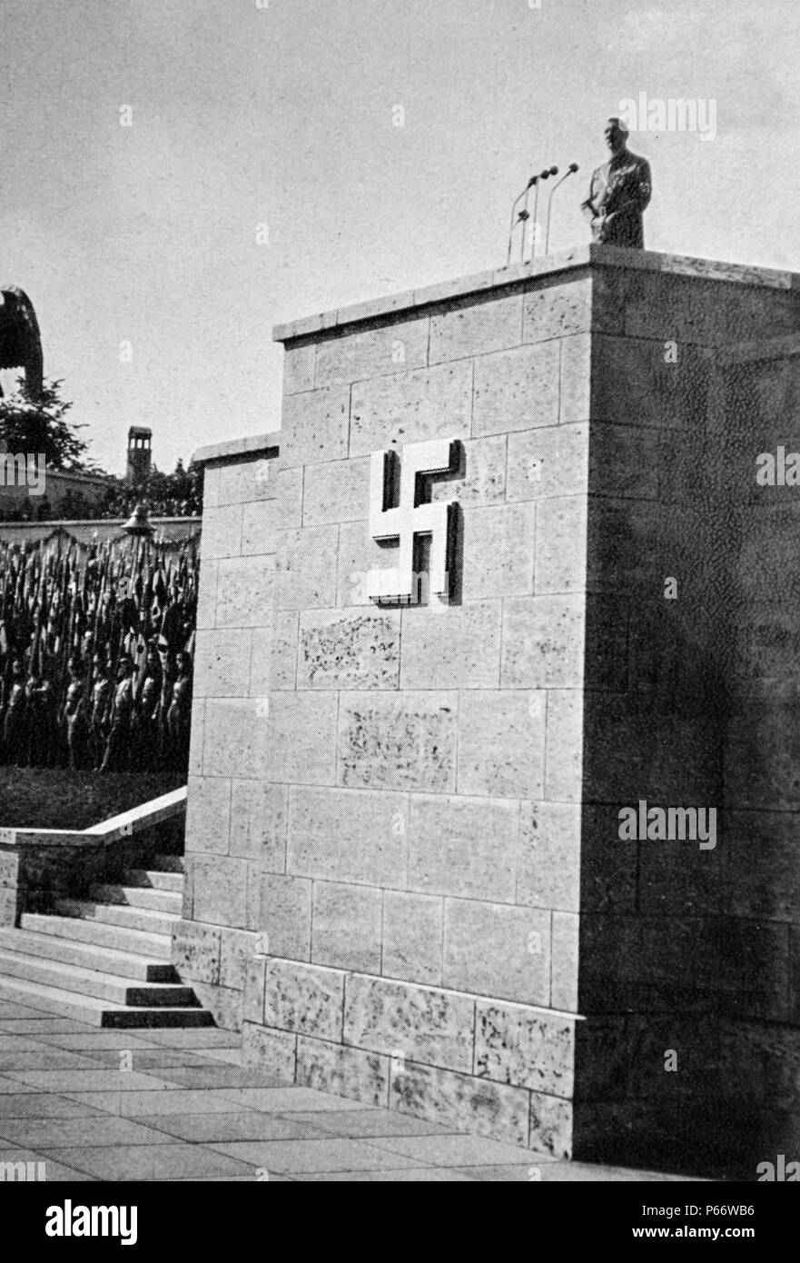 podium with swastika prepared for a rally in Nuremburg 1936 Stock Photo