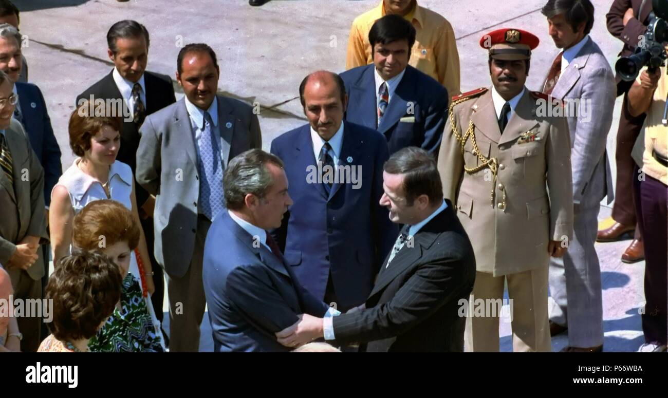 Hafez al-Assad; President of Syria 1971 – 2000. Greets President Nixon of the USA at Damascus in 1974 Stock Photo