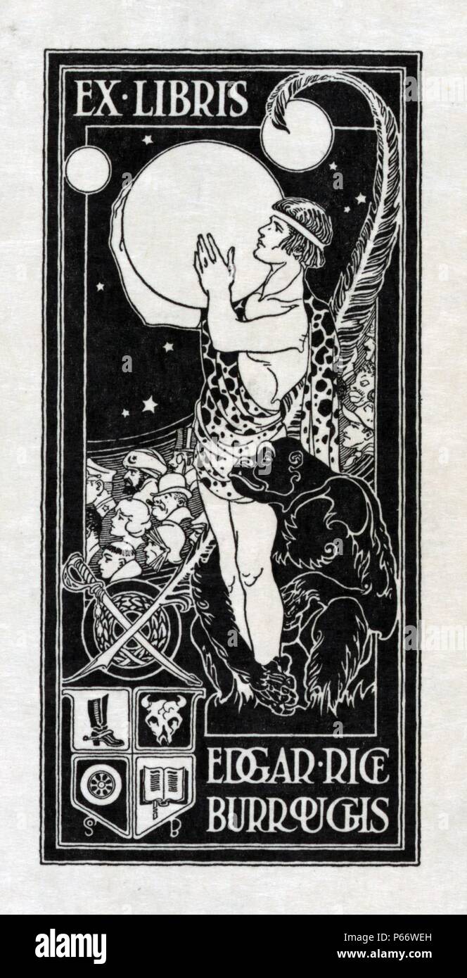 Bookplate of Edgar Rice Burroughs 1875-1950, (bookplate by Studley Burroughs) Published: between 1914 and 1922. Print shows Tarzan holding the planet Mars, surrounded by other characters from Burroughs' stories and symbols relating to the author's personal interests and career. Stock Photo