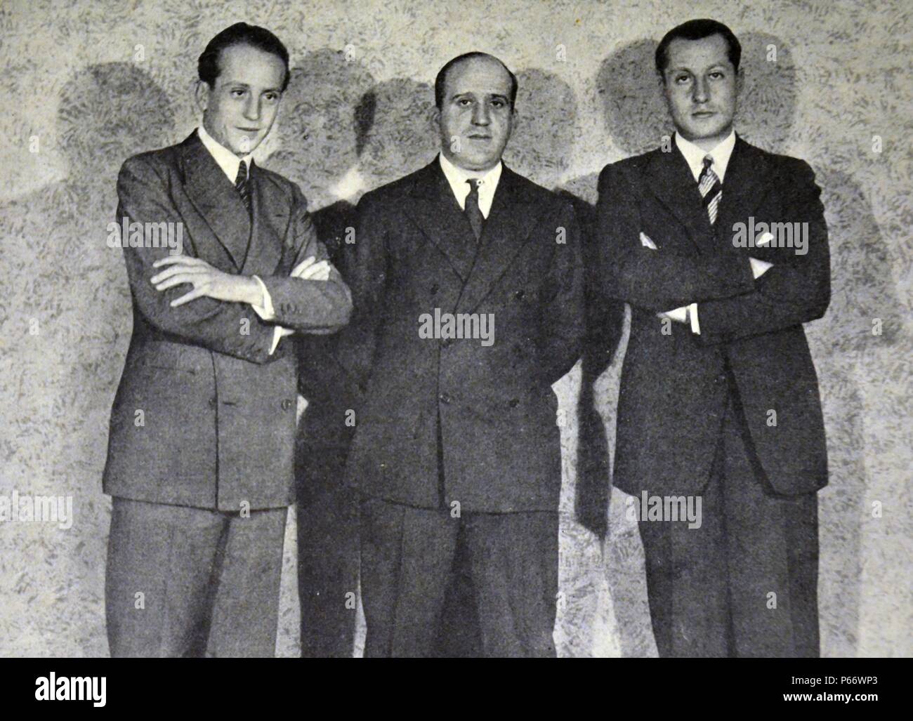 Spanish civil war: Speakers at the founding meeting of Spanish Falange: Alfonso Garcia Valdecasas, Julio Ruiz de Alda and Jose Antonio Primo de Rivera. Stock Photo