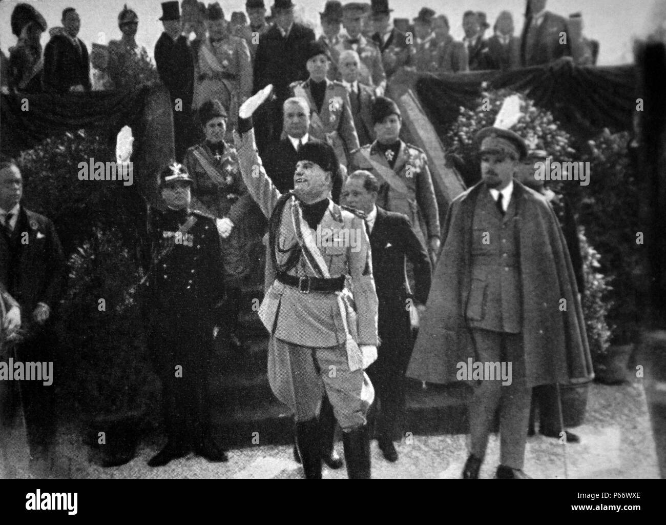 Rome', October 1928 - The Head of Government, Mussolini', and the highest in Authority attending the parade of the Metropolitans. Stock Photo