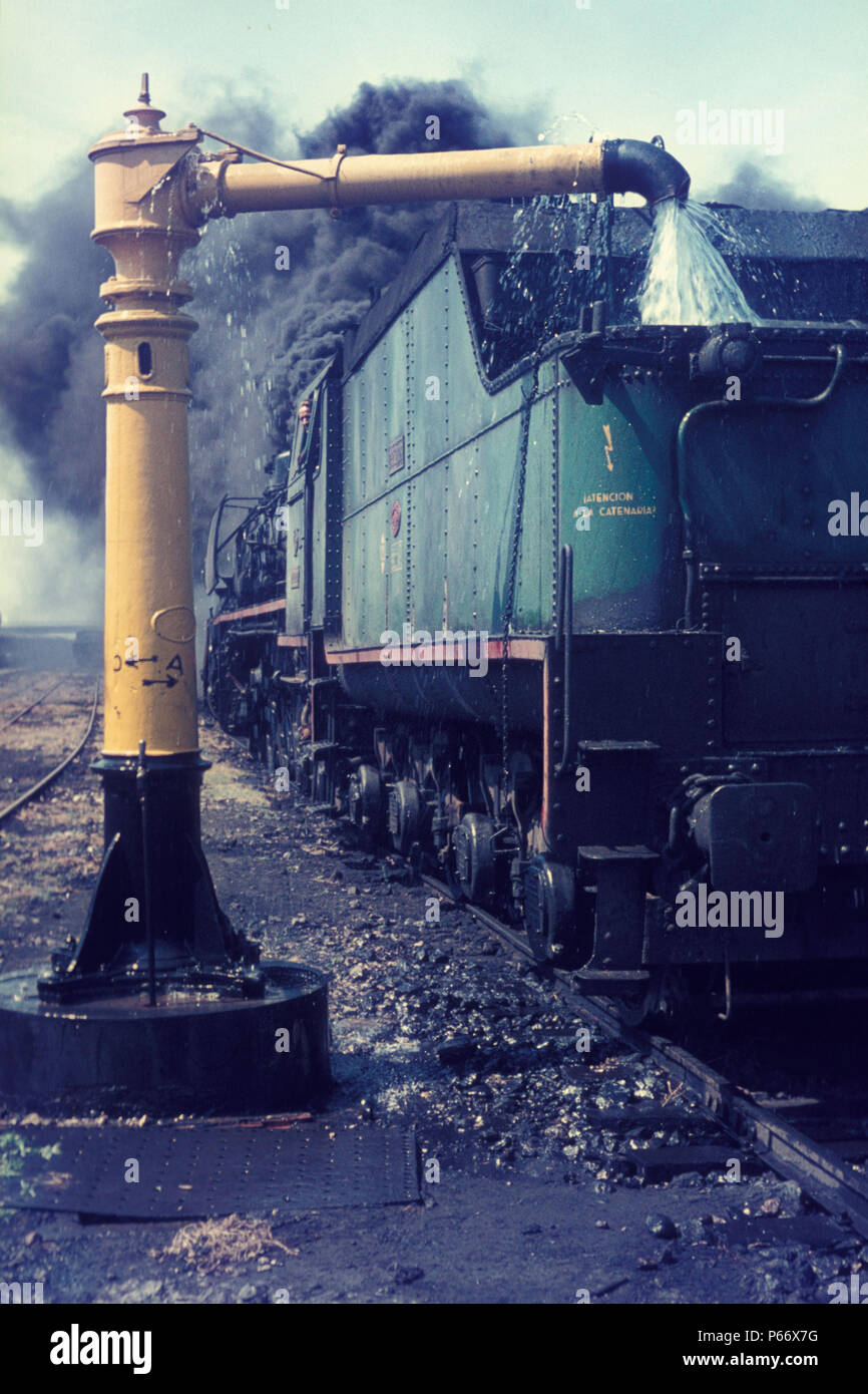 A Spanish Railways 5'6 gauge 2-4-2Fs arrives at Castejon with a box freight from Miranda on Wednesday 26th August 1970. Stock Photo
