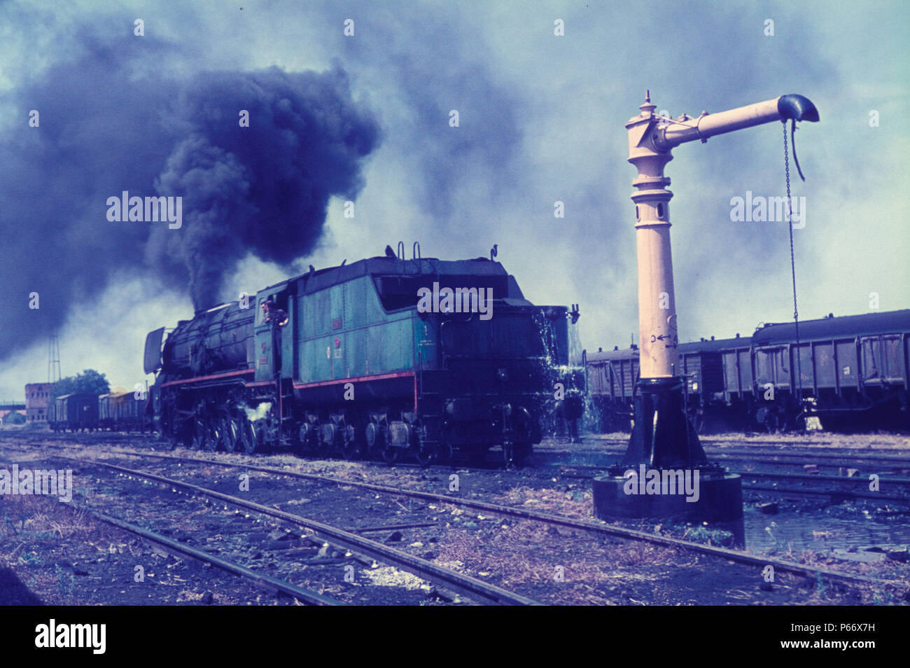 A Spanish Railways 5'6 gauge 2-4-2Fs arrives at Castejon with a box freight from Miranda on Wednesday 26th August 1970. Stock Photo